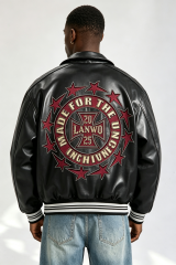 Custom Gothic "Outlaw Pride" Cross Embroidered Faux Leather Varsity Jacket | Men Cropped Boxy Streetwear Bomber