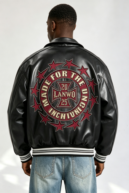 Custom Gothic "Outlaw Pride" Cross Embroidered Faux Leather Varsity Jacket | Men Cropped Boxy Streetwear Bomber