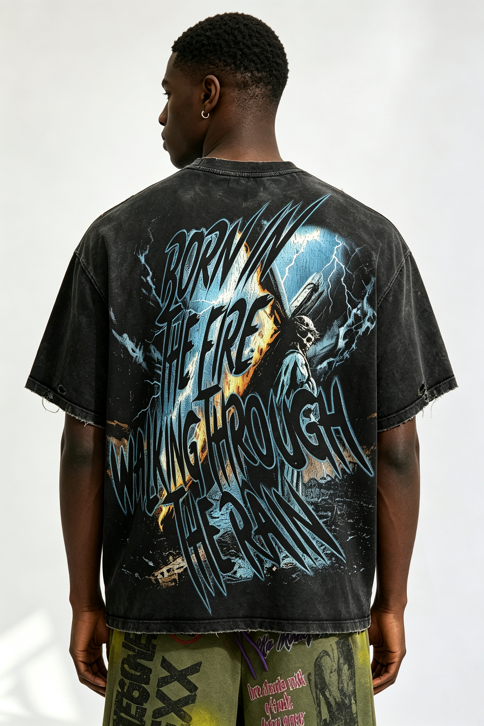 Custom Vintage Wash Distressed LANWO Cross‑Carrying Graphic T‑Shirt | Men Destroyed Raw‑Edge Oversized Streetwear Tee