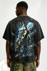 Custom Vintage Wash Distressed LANWO Cross‑Carrying Graphic T‑Shirt | Men Destroyed Raw‑Edge Oversized Streetwear Tee