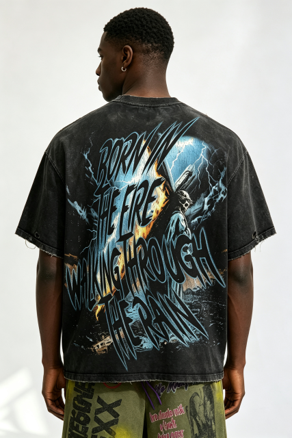 Custom Vintage Wash Distressed LANWO Cross‑Carrying Graphic T‑Shirt | Men Destroyed Raw‑Edge Oversized Streetwear Tee
