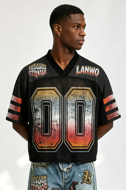 Custom Vintage Gradient "00" Number Mesh Football Jersey | Men Cropped Boxy Streetwear Short‑Sleeve Sport Top