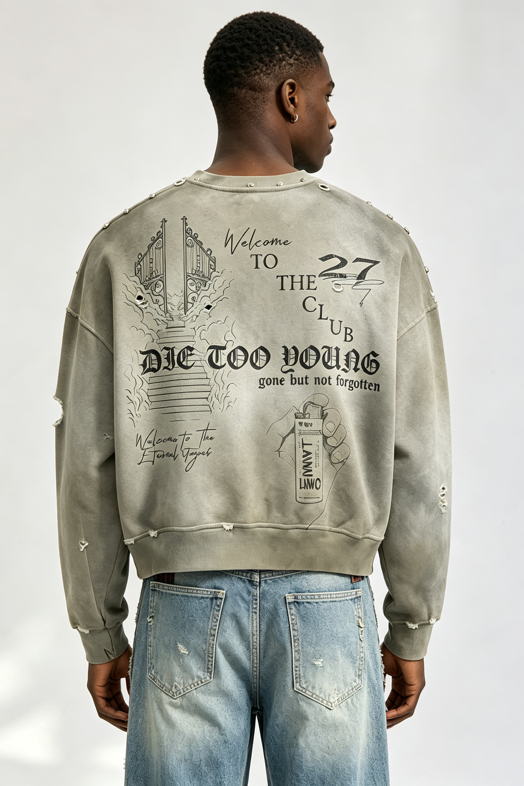 Custom Vintage Wash Distressed “The 27 Club” Rock‑n‑Roll Cropped Crewneck Sweatshirt | Men Destroyed Oversized Streetwear Pullover
