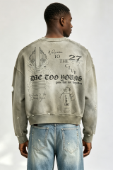 Custom Vintage Wash Distressed “The 27 Club” Rock‑n‑Roll Cropped Crewneck Sweatshirt | Men Destroyed Oversized Streetwear Pullover
