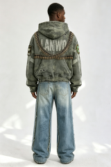 Custom Camo Military Bullet‑Chain Embellished Zip‑Up Hoodie | Men Distressed Army‑Patch Oversized Streetwear Jacket