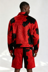 Custom Red‑Black Cow‑Print Faux Fur Trucker Jacket & Shorts Set | Men Cropped Boxy Streetwear 2‑Piece Co‑ord Outfit