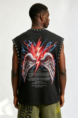 Custom Rhinestone‑Trimmed “No Fear Only Faith” Angel Graphic Sleeveless Cut‑Off Tank | Men Oversized Gothic Streetwear Cropped Vest