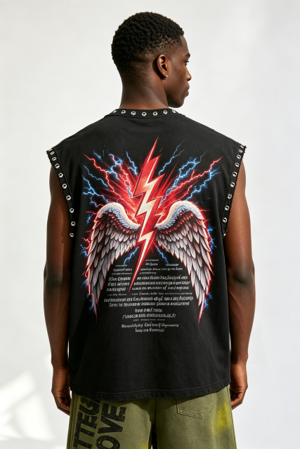 Custom Rhinestone‑Trimmed “No Fear Only Faith” Angel Graphic Sleeveless Cut‑Off Tank | Men Oversized Gothic Streetwear Cropped Vest
