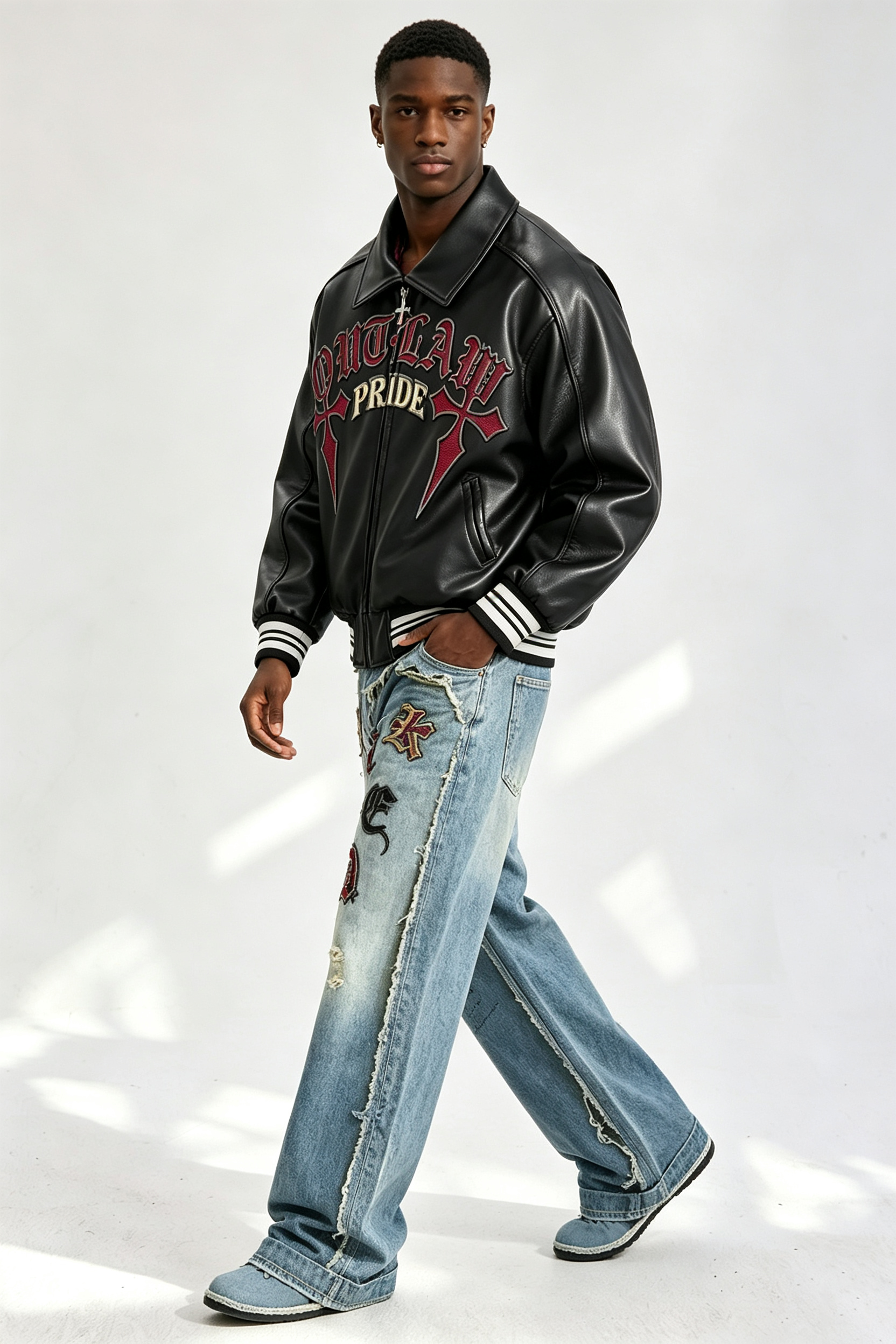 Custom Gothic "Outlaw Pride" Cross Embroidered Faux Leather Varsity Jacket | Men Cropped Boxy Streetwear Bomber