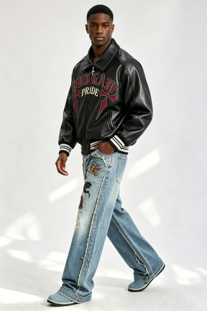 Custom Gothic "Outlaw Pride" Cross Embroidered Faux Leather Varsity Jacket | Men Cropped Boxy Streetwear Bomber