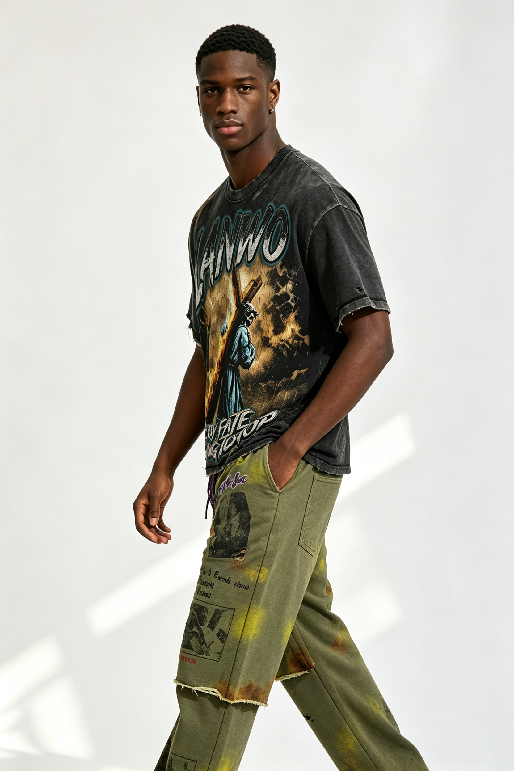 Custom Vintage Wash Distressed LANWO Cross‑Carrying Graphic T‑Shirt | Men Destroyed Raw‑Edge Oversized Streetwear Tee