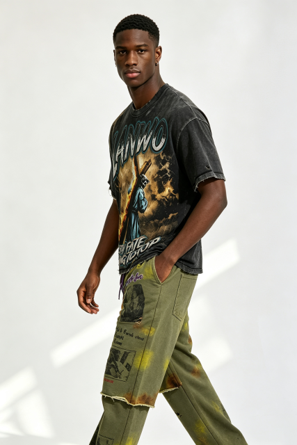 Custom Vintage Wash Distressed LANWO Cross‑Carrying Graphic T‑Shirt | Men Destroyed Raw‑Edge Oversized Streetwear Tee