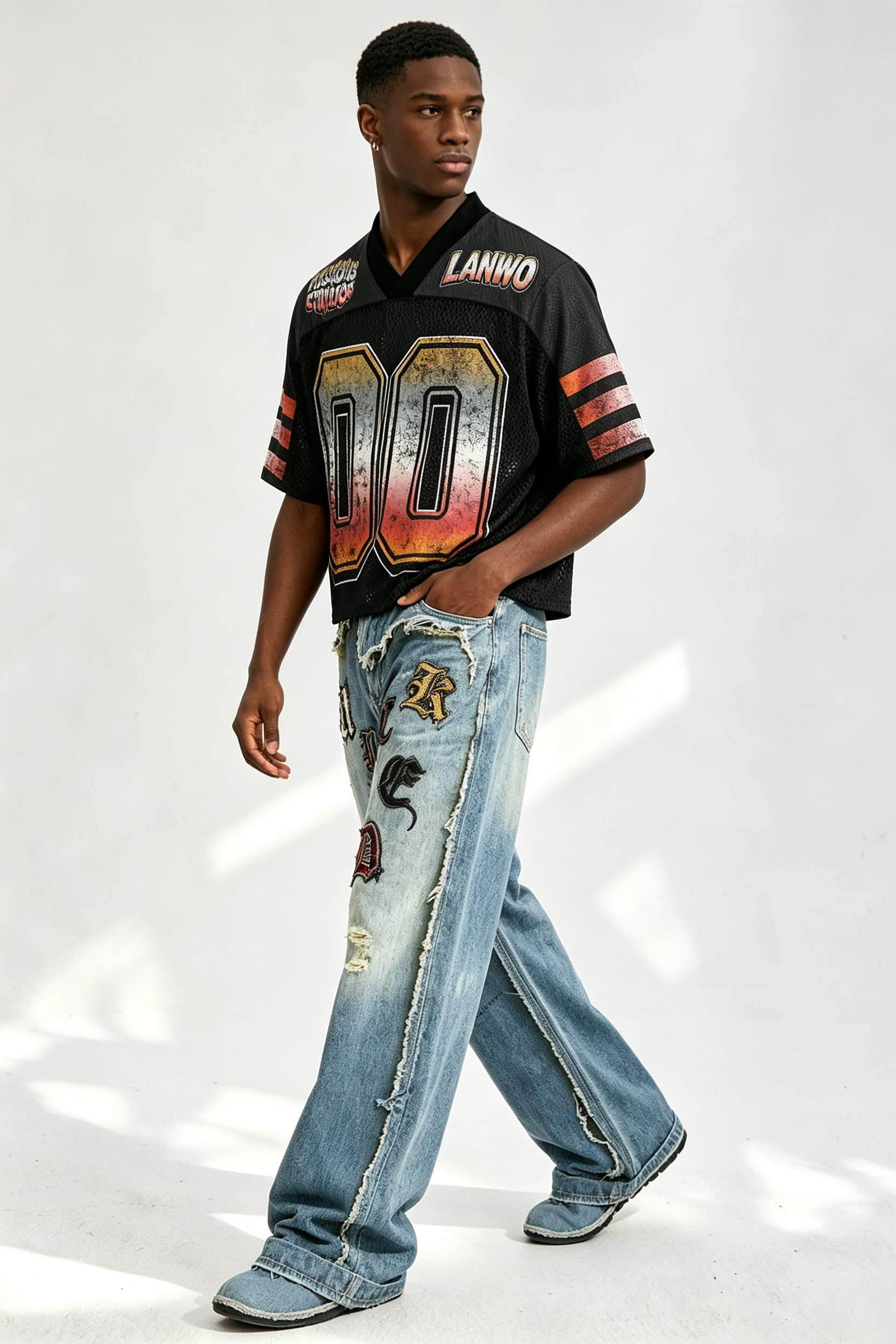 Custom Vintage Gradient "00" Number Mesh Football Jersey | Men Cropped Boxy Streetwear Short‑Sleeve Sport Top
