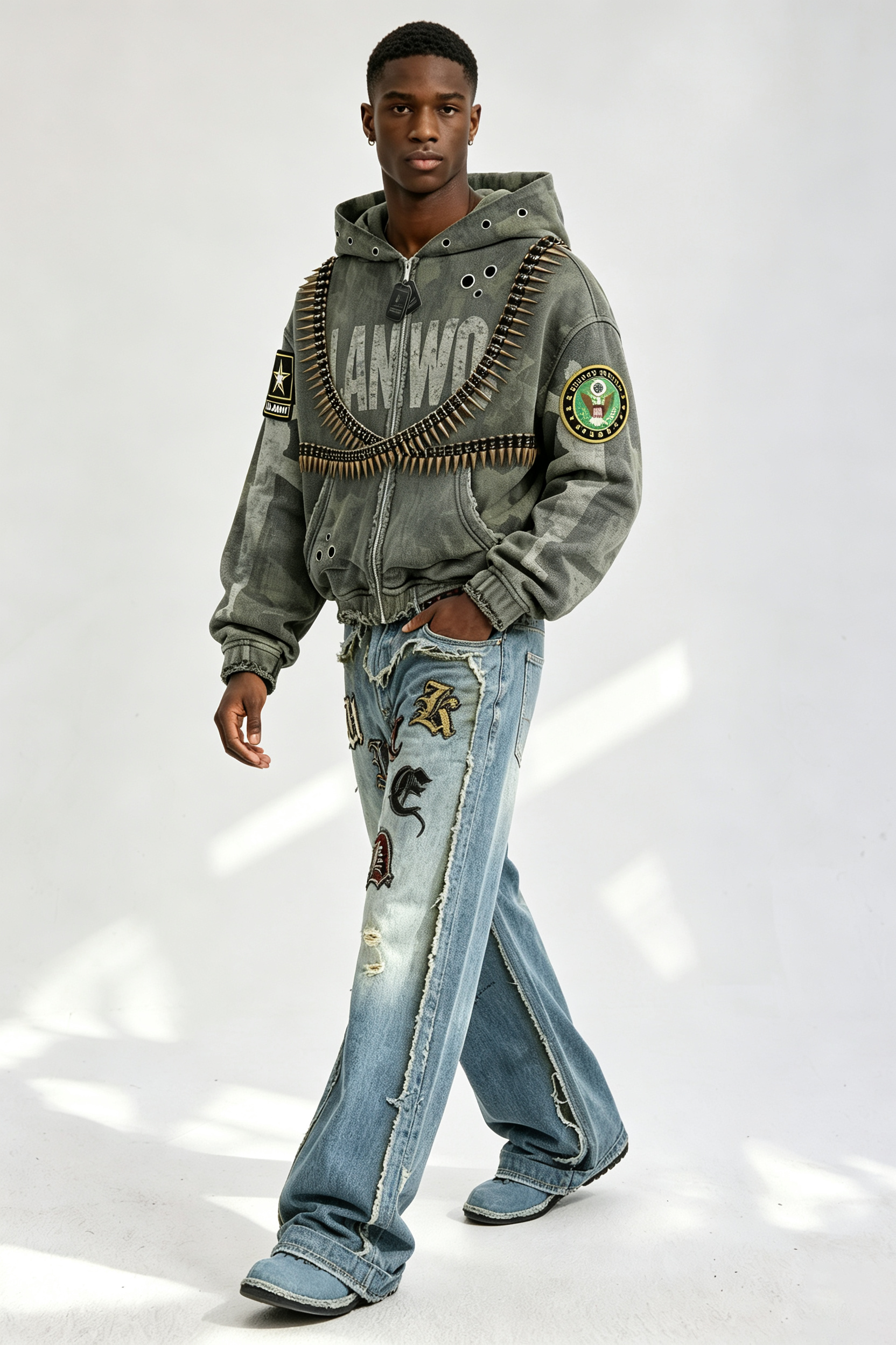 Custom Camo Military Bullet‑Chain Embellished Zip‑Up Hoodie | Men Distressed Army‑Patch Oversized Streetwear Jacket