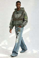 Custom Camo Military Bullet‑Chain Embellished Zip‑Up Hoodie | Men Distressed Army‑Patch Oversized Streetwear Jacket