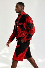 Custom Red‑Black Cow‑Print Faux Fur Trucker Jacket & Shorts Set | Men Cropped Boxy Streetwear 2‑Piece Co‑ord Outfit