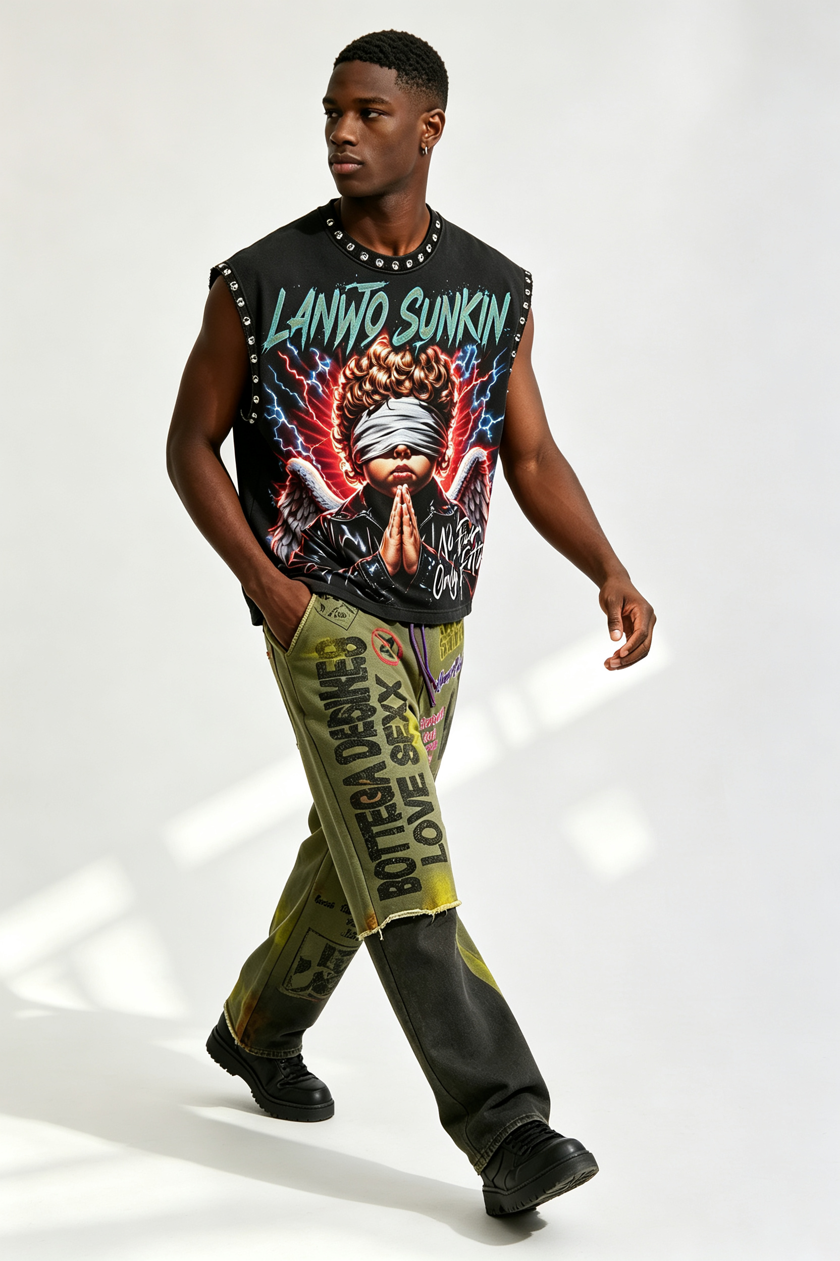 Custom Rhinestone‑Trimmed “No Fear Only Faith” Angel Graphic Sleeveless Cut‑Off Tank | Men Oversized Gothic Streetwear Cropped Vest
