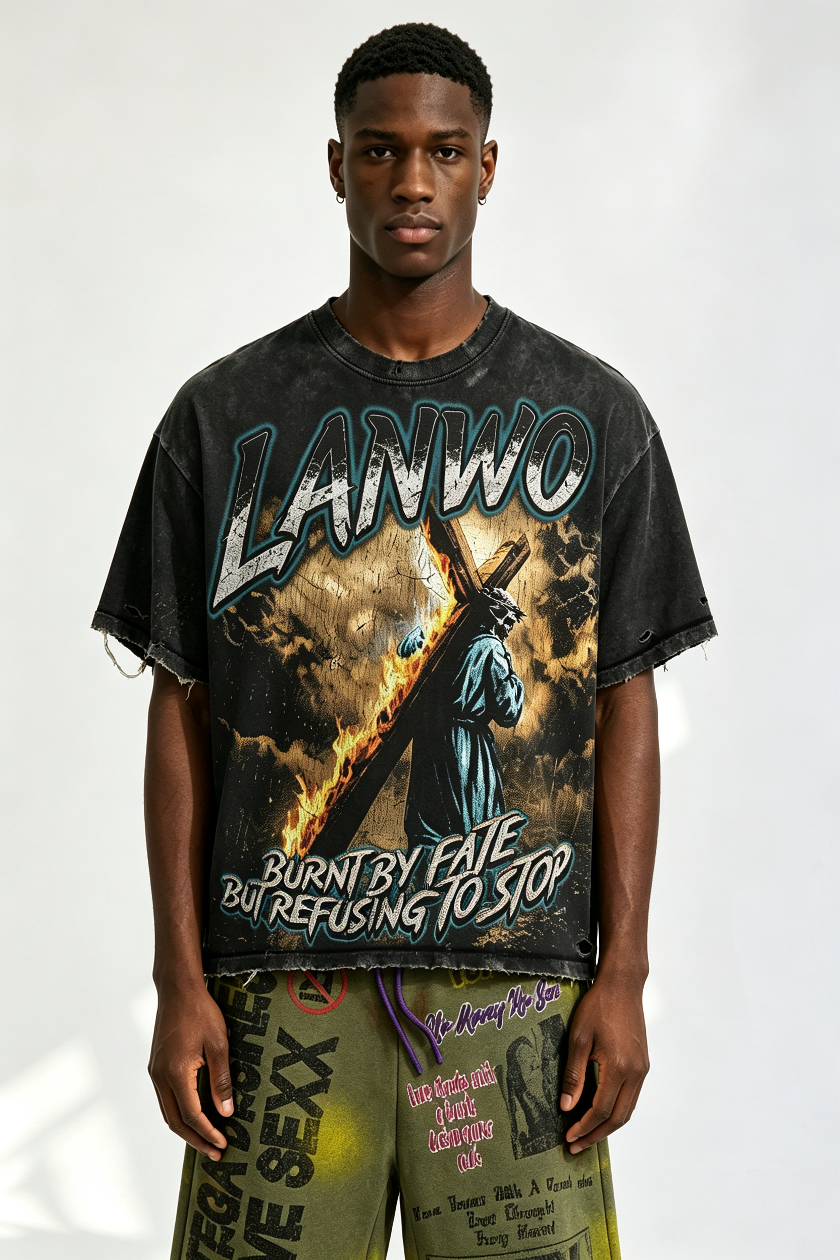 Custom Vintage Wash Distressed LANWO Cross‑Carrying Graphic T‑Shirt | Men Destroyed Raw‑Edge Oversized Streetwear Tee
