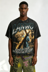 Custom Vintage Wash Distressed LANWO Cross‑Carrying Graphic T‑Shirt | Men Destroyed Raw‑Edge Oversized Streetwear Tee
