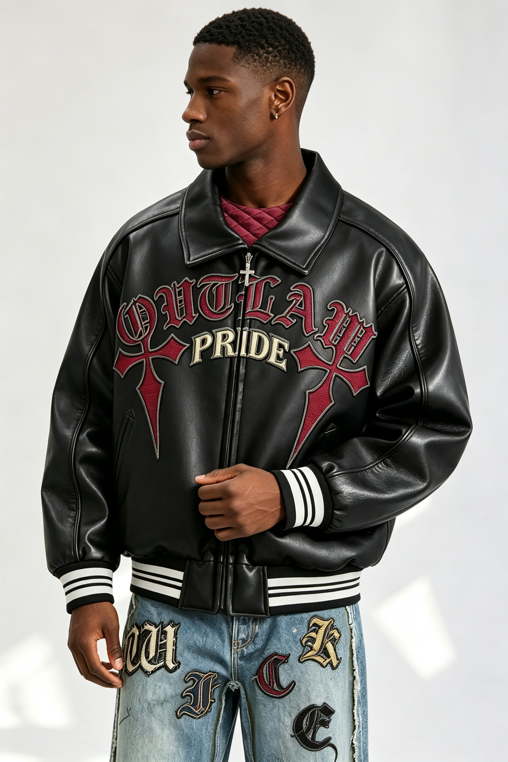 Custom Gothic "Outlaw Pride" Cross Embroidered Faux Leather Varsity Jacket | Men Cropped Boxy Streetwear Bomber