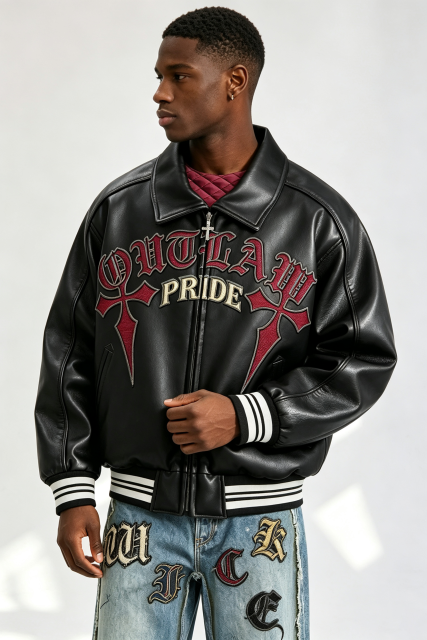 Custom Gothic "Outlaw Pride" Cross Embroidered Faux Leather Varsity Jacket | Men Cropped Boxy Streetwear Bomber