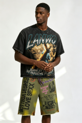 Custom Vintage Wash Distressed LANWO Cross‑Carrying Graphic T‑Shirt | Men Destroyed Raw‑Edge Oversized Streetwear Tee