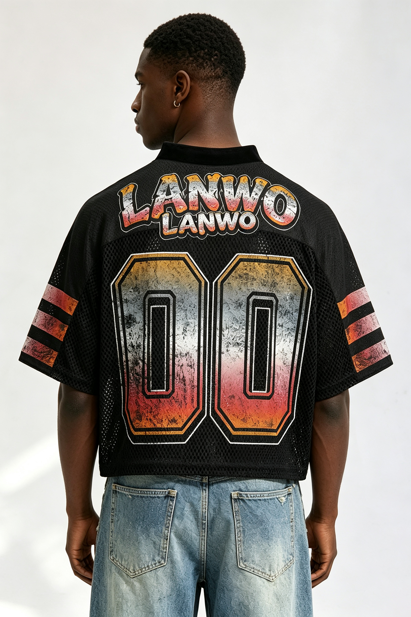 Custom Vintage Gradient "00" Number Mesh Football Jersey | Men Cropped Boxy Streetwear Short‑Sleeve Sport Top