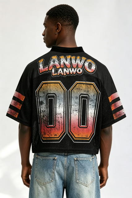 Custom Vintage Gradient "00" Number Mesh Football Jersey | Men Cropped Boxy Streetwear Short‑Sleeve Sport Top