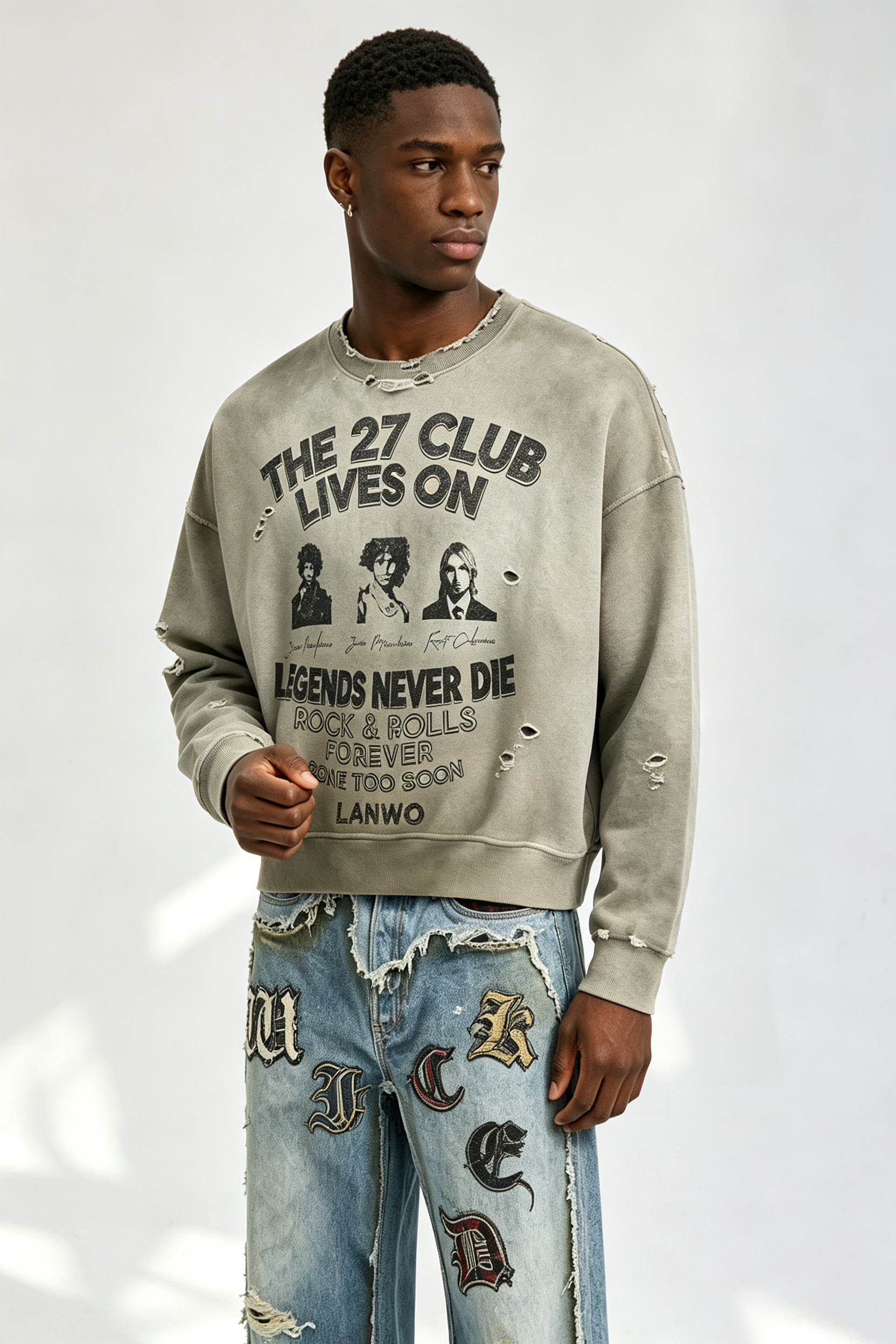 Custom Vintage Wash Distressed “The 27 Club” Rock‑n‑Roll Cropped Crewneck Sweatshirt | Men Destroyed Oversized Streetwear Pullover