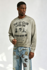 Custom Vintage Wash Distressed “The 27 Club” Rock‑n‑Roll Cropped Crewneck Sweatshirt | Men Destroyed Oversized Streetwear Pullover