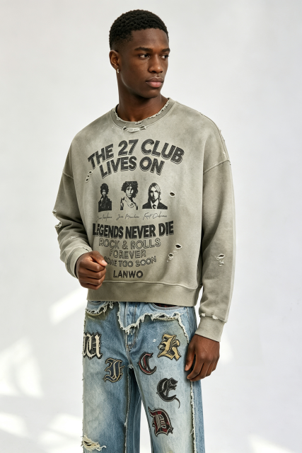 Custom Vintage Wash Distressed “The 27 Club” Rock‑n‑Roll Cropped Crewneck Sweatshirt | Men Destroyed Oversized Streetwear Pullover
