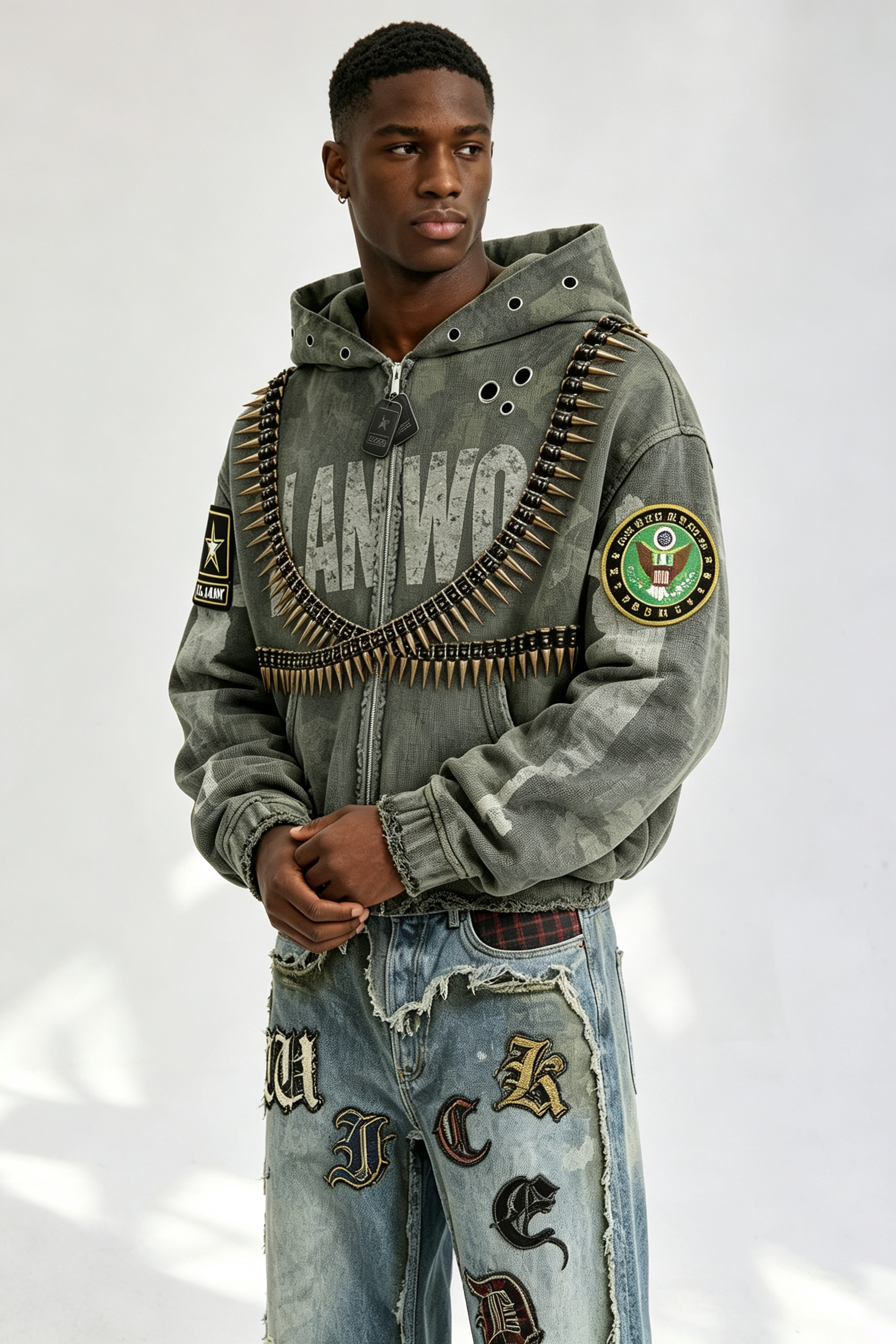 Custom Camo Military Bullet‑Chain Embellished Zip‑Up Hoodie | Men Distressed Army‑Patch Oversized Streetwear Jacket