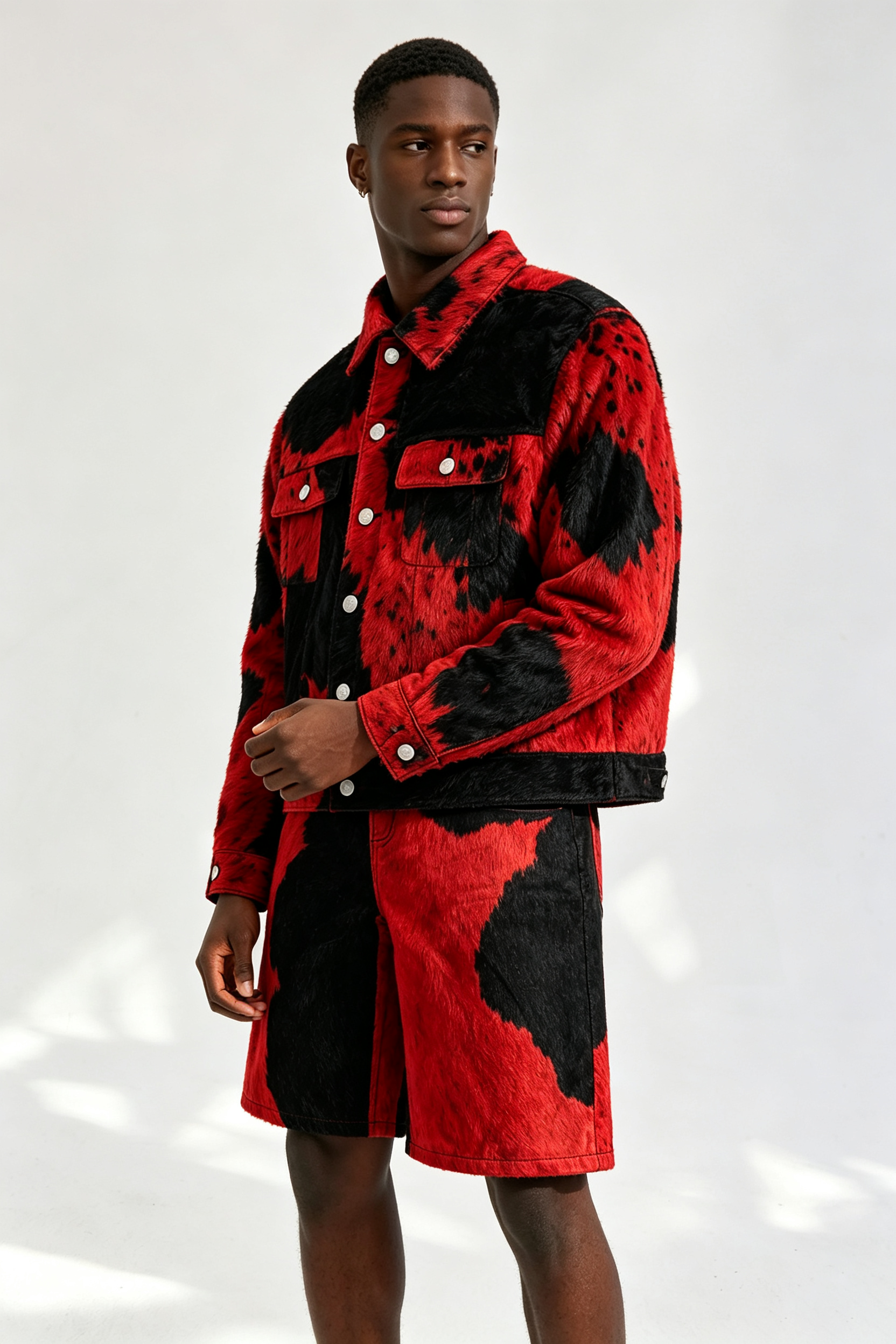 Custom Red‑Black Cow‑Print Faux Fur Trucker Jacket & Shorts Set | Men Cropped Boxy Streetwear 2‑Piece Co‑ord Outfit