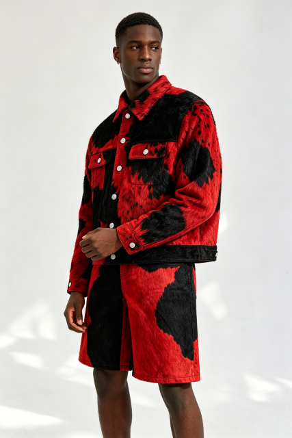 Custom Red‑Black Cow‑Print Faux Fur Trucker Jacket & Shorts Set | Men Cropped Boxy Streetwear 2‑Piece Co‑ord Outfit