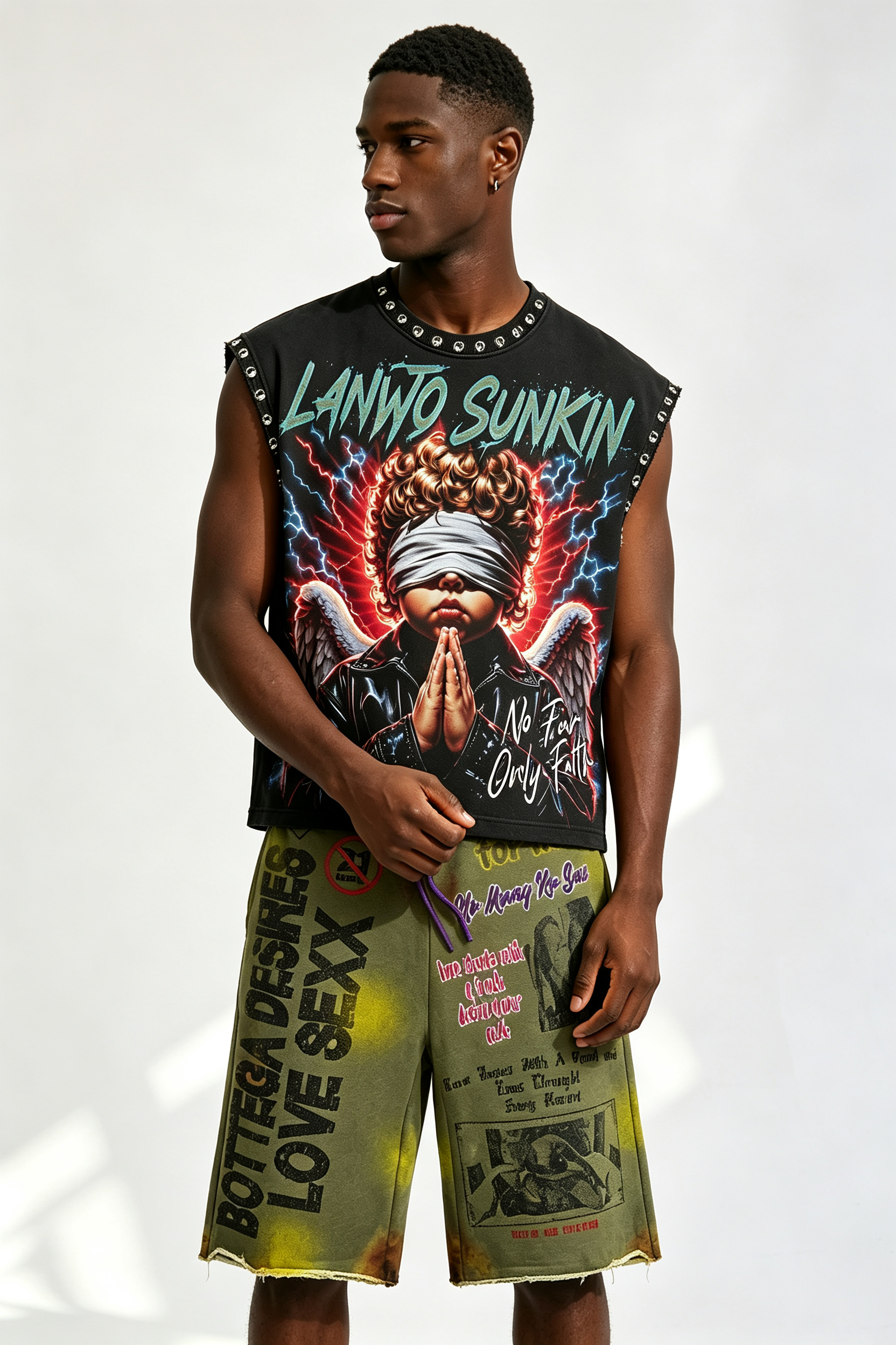 Custom Rhinestone‑Trimmed “No Fear Only Faith” Angel Graphic Sleeveless Cut‑Off Tank | Men Oversized Gothic Streetwear Cropped Vest