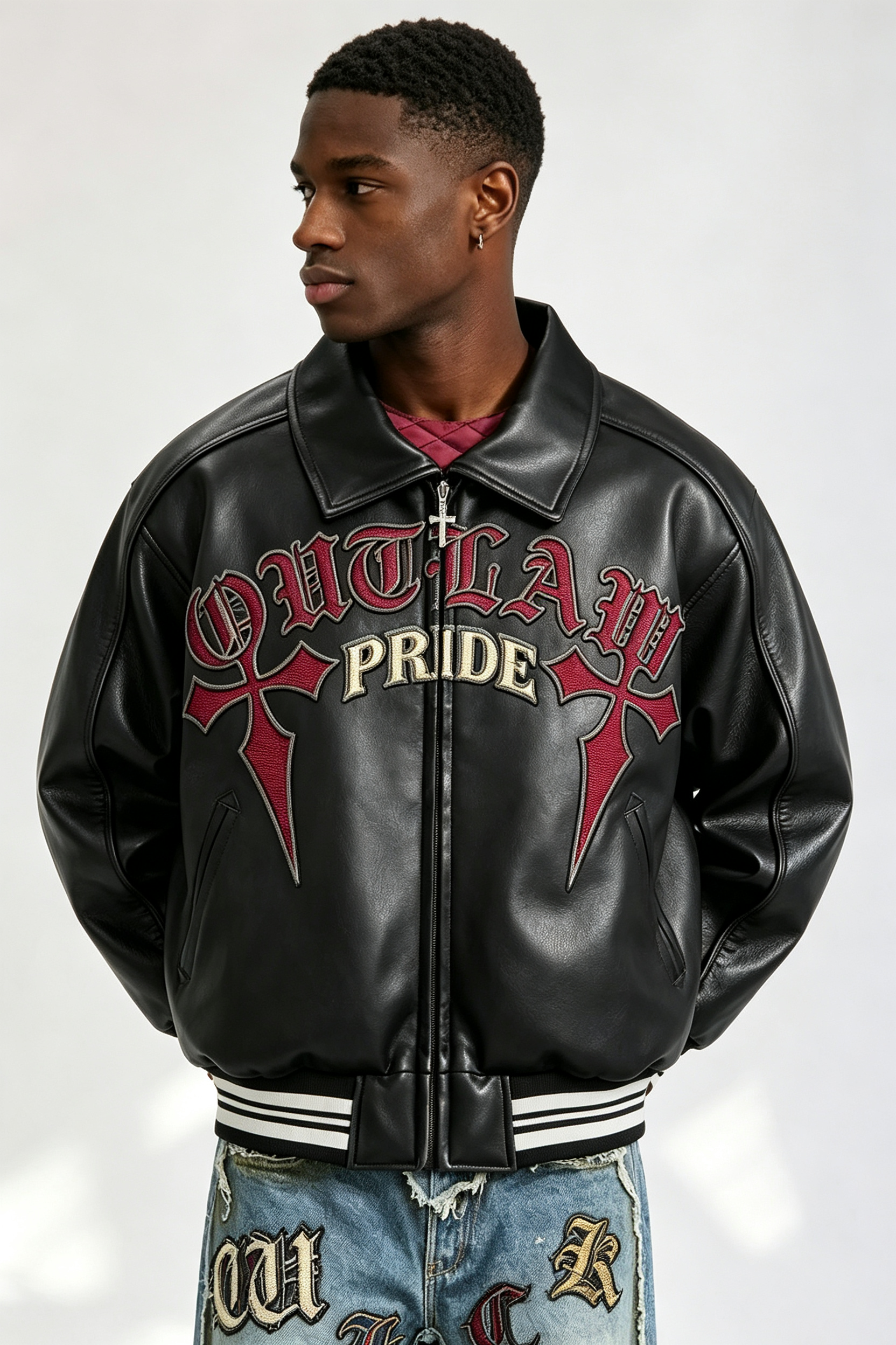Custom Gothic "Outlaw Pride" Cross Embroidered Faux Leather Varsity Jacket | Men Cropped Boxy Streetwear Bomber