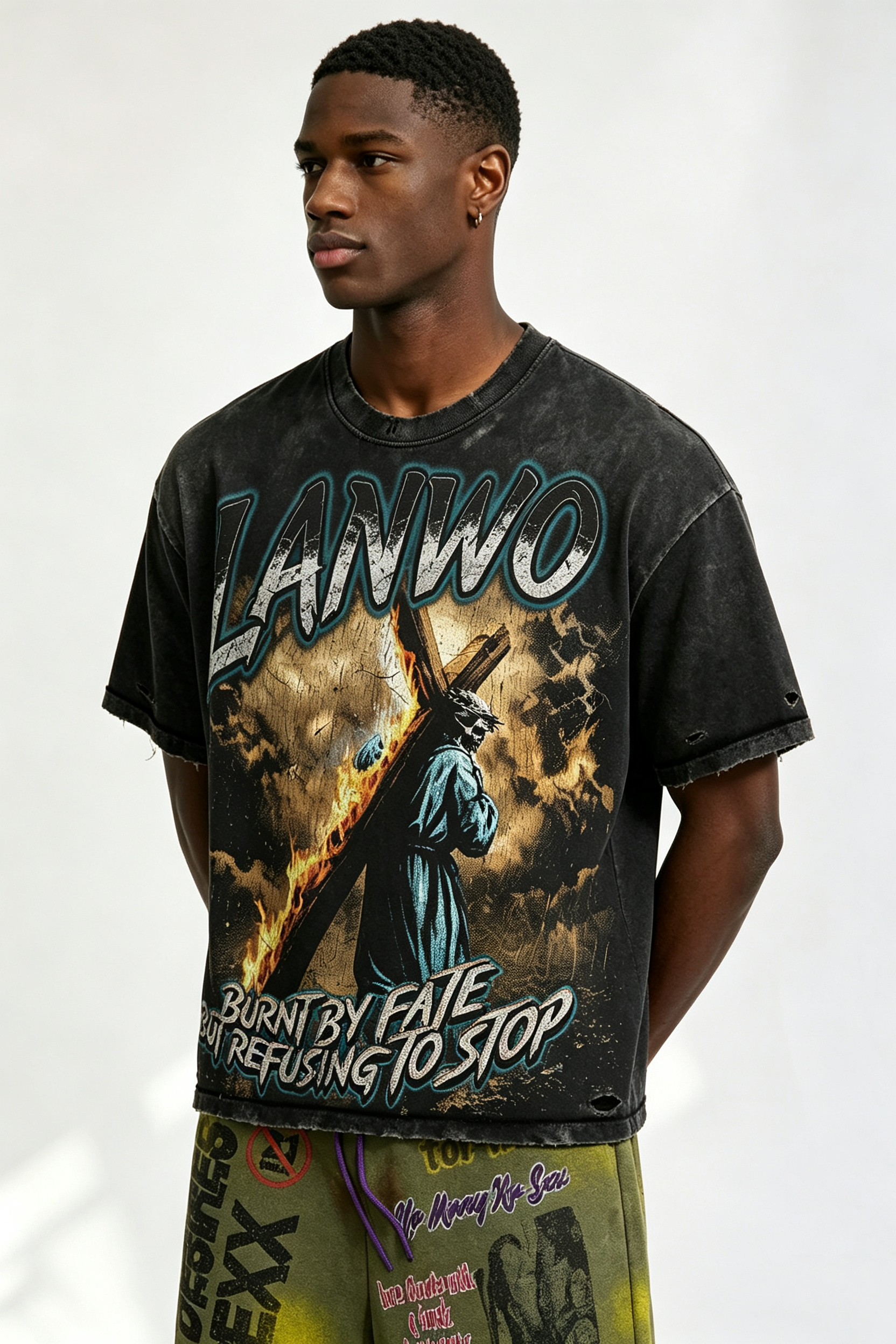 Custom Vintage Wash Distressed LANWO Cross‑Carrying Graphic T‑Shirt | Men Destroyed Raw‑Edge Oversized Streetwear Tee