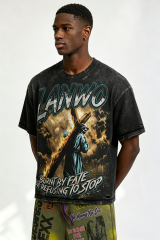 Custom Vintage Wash Distressed LANWO Cross‑Carrying Graphic T‑Shirt | Men Destroyed Raw‑Edge Oversized Streetwear Tee