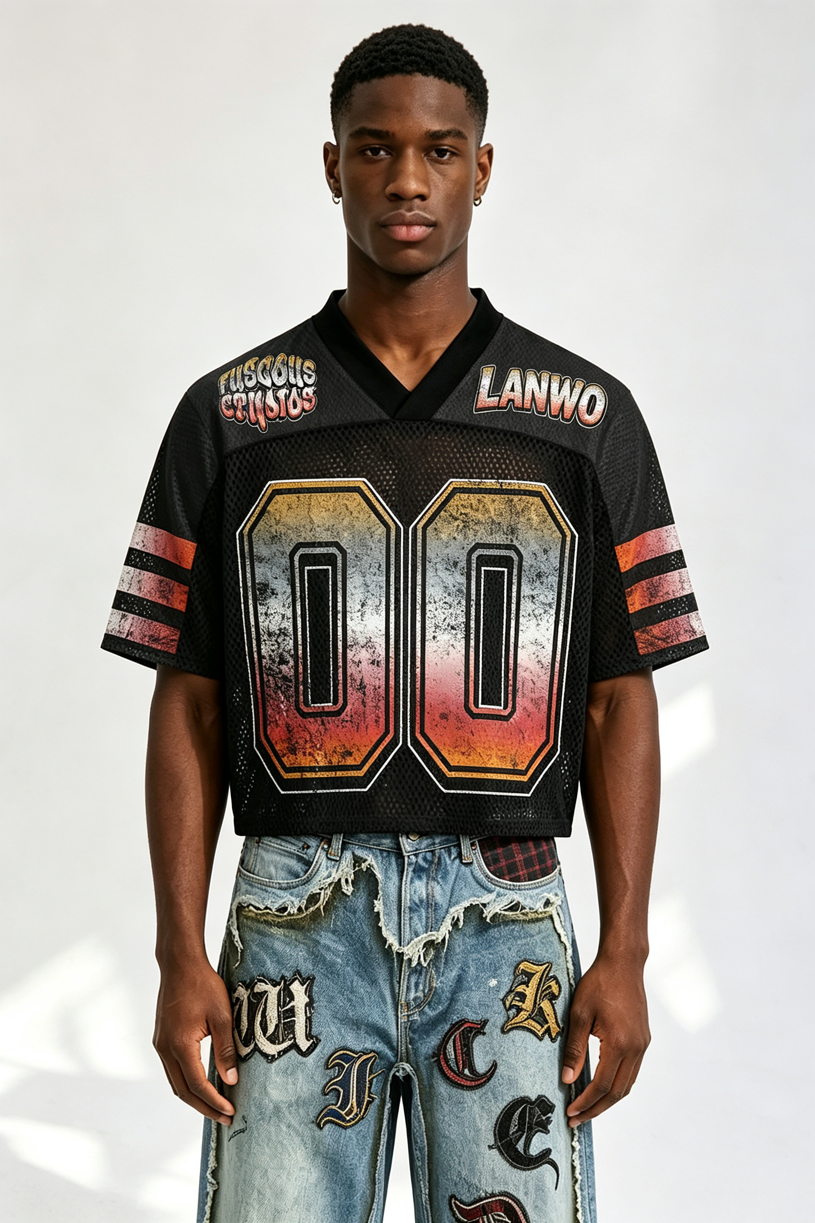 Custom Vintage Gradient "00" Number Mesh Football Jersey | Men Cropped Boxy Streetwear Short‑Sleeve Sport Top