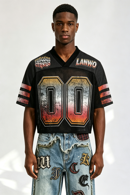 Custom Vintage Gradient "00" Number Mesh Football Jersey | Men Cropped Boxy Streetwear Short‑Sleeve Sport Top