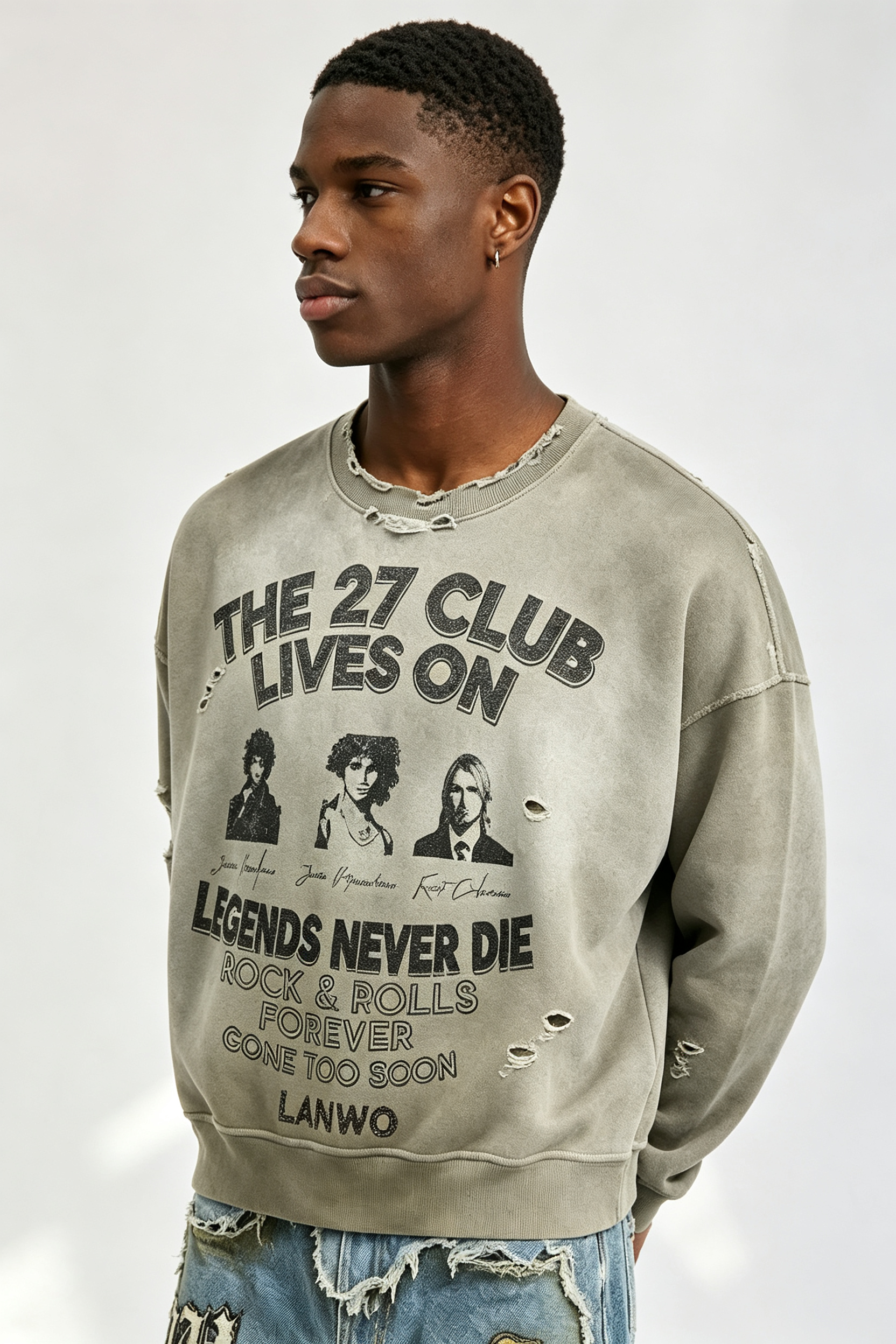 Custom Vintage Wash Distressed “The 27 Club” Rock‑n‑Roll Cropped Crewneck Sweatshirt | Men Destroyed Oversized Streetwear Pullover