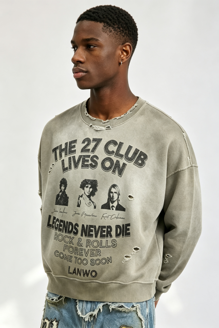 Custom Vintage Wash Distressed “The 27 Club” Rock‑n‑Roll Cropped Crewneck Sweatshirt | Men Destroyed Oversized Streetwear Pullover