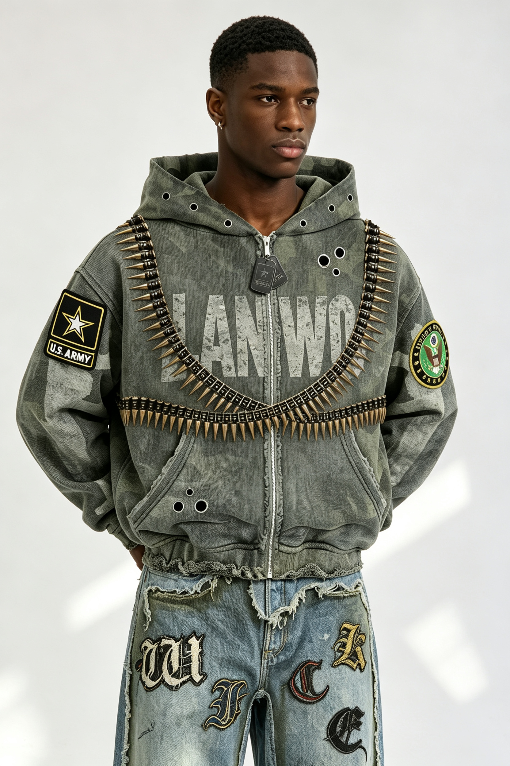 Custom Camo Military Bullet‑Chain Embellished Zip‑Up Hoodie | Men Distressed Army‑Patch Oversized Streetwear Jacket