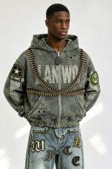 Custom Camo Military Bullet‑Chain Embellished Zip‑Up Hoodie | Men Distressed Army‑Patch Oversized Streetwear Jacket