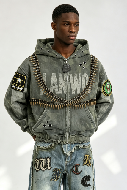 Custom Camo Military Bullet‑Chain Embellished Zip‑Up Hoodie | Men Distressed Army‑Patch Oversized Streetwear Jacket