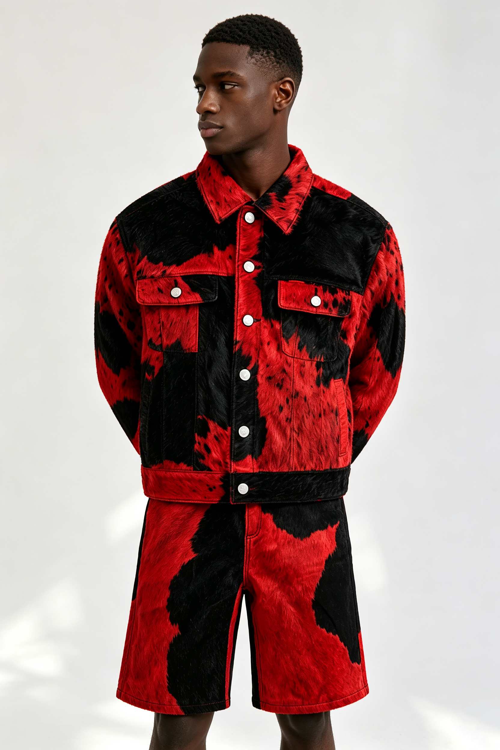 Custom Red‑Black Cow‑Print Faux Fur Trucker Jacket & Shorts Set | Men Cropped Boxy Streetwear 2‑Piece Co‑ord Outfit