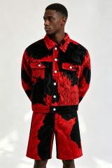 Custom Red‑Black Cow‑Print Faux Fur Trucker Jacket & Shorts Set | Men Cropped Boxy Streetwear 2‑Piece Co‑ord Outfit