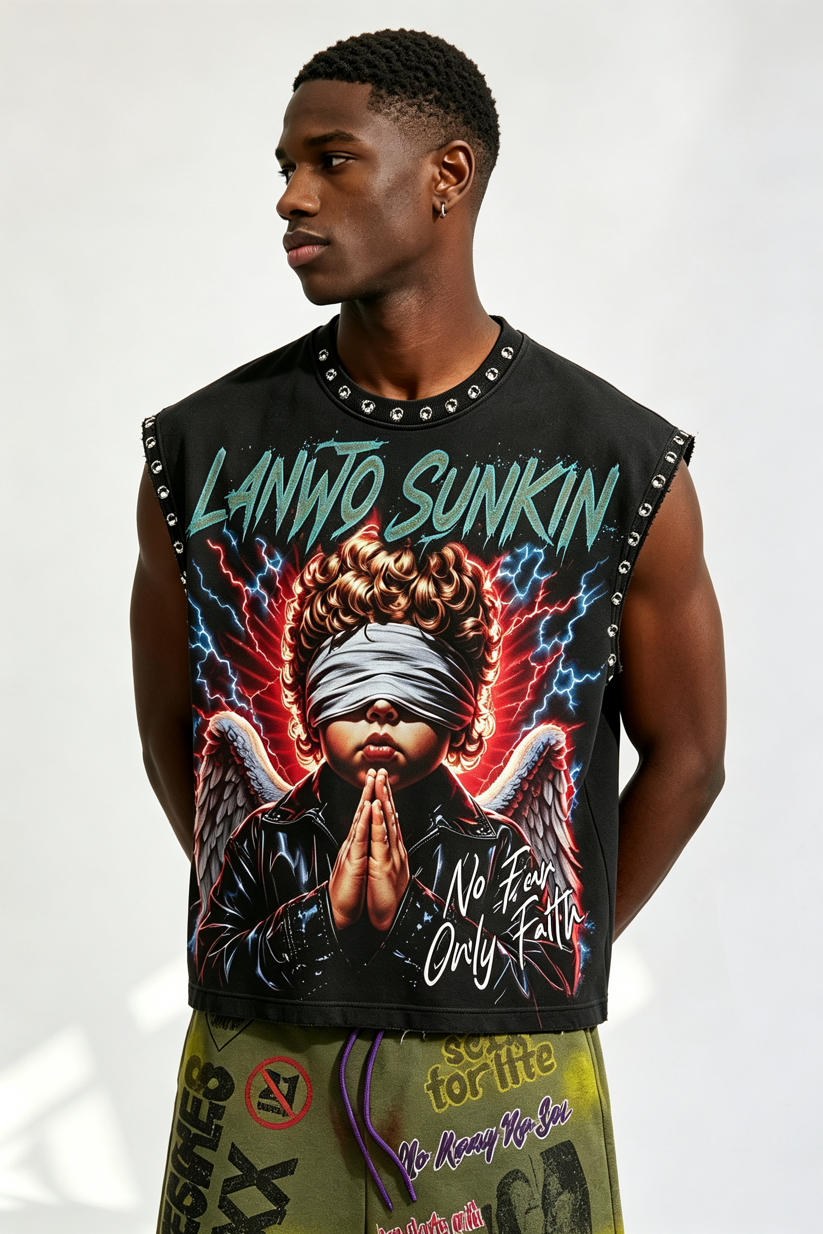 Custom Rhinestone‑Trimmed “No Fear Only Faith” Angel Graphic Sleeveless Cut‑Off Tank | Men Oversized Gothic Streetwear Cropped Vest