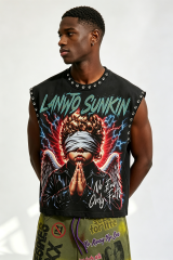 Custom Rhinestone‑Trimmed “No Fear Only Faith” Angel Graphic Sleeveless Cut‑Off Tank | Men Oversized Gothic Streetwear Cropped Vest