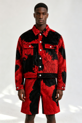 Custom Red‑Black Cow‑Print Faux Fur Trucker Jacket & Shorts Set | Men Cropped Boxy Streetwear 2‑Piece Co‑ord Outfit